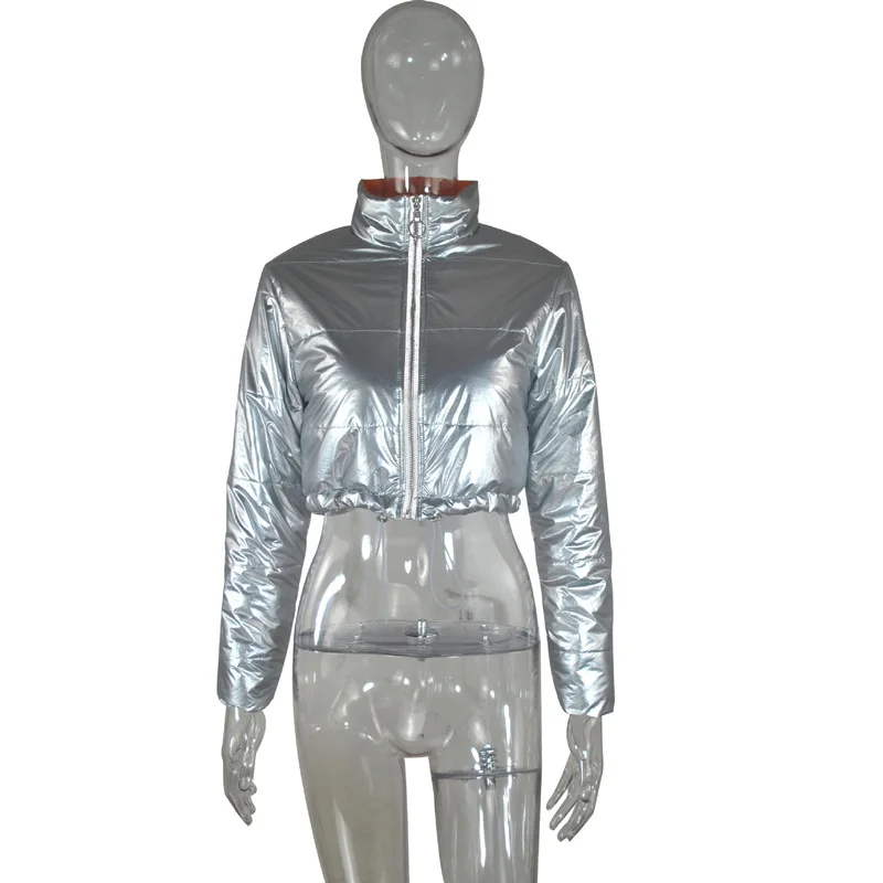 Autumn Winter Bright Silver Thick Warm Down Coat Women Fashion Turtleneck Long Sleeve Bubble Jacket Casual Zip Drawstring Parkas