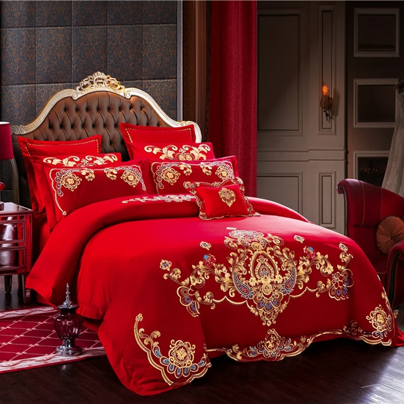 Постельное белье для свадьбы, сатиновая скатерть с вышивкой, Комплект постельного белья, Красная Простыня, хлопок, Золотая текстура, пододеяльник, наволочки, Королевский размер