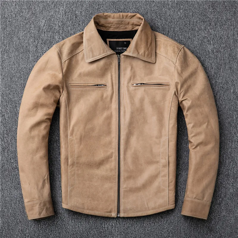 

Vintage Pakistan Sheepskin Genuine Leather Jacket Retro Yellow Swallow tail Biker Leather Jacket