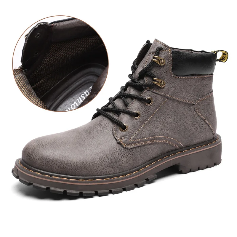 Модные меховые черные, темно-коричневые, серые мужские зимние ботинки повседневная рабочая обувь высокие рабочие тонкие туфли Мужская обувь из искусственной кожи - Color: Gray