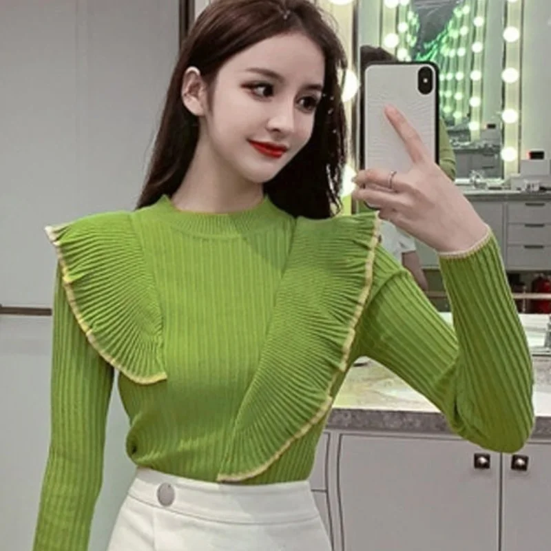 cardigan Korean Style Flounced Stitching Pullover Sweaters 2022 Spring OL Basic Bottoming Knit Sweater Slim Warm Thick Knitted Tops white sweater Sweaters