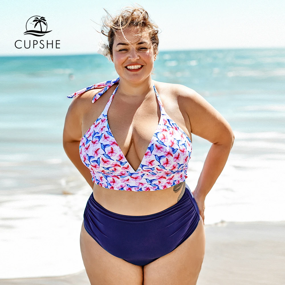 

CUPSHE Plus Size Floral Print Halter High-waisted Bikini Woman Large Tank Two Pieces Swimsuits 2019 Beach Bathing Suits Swimwear