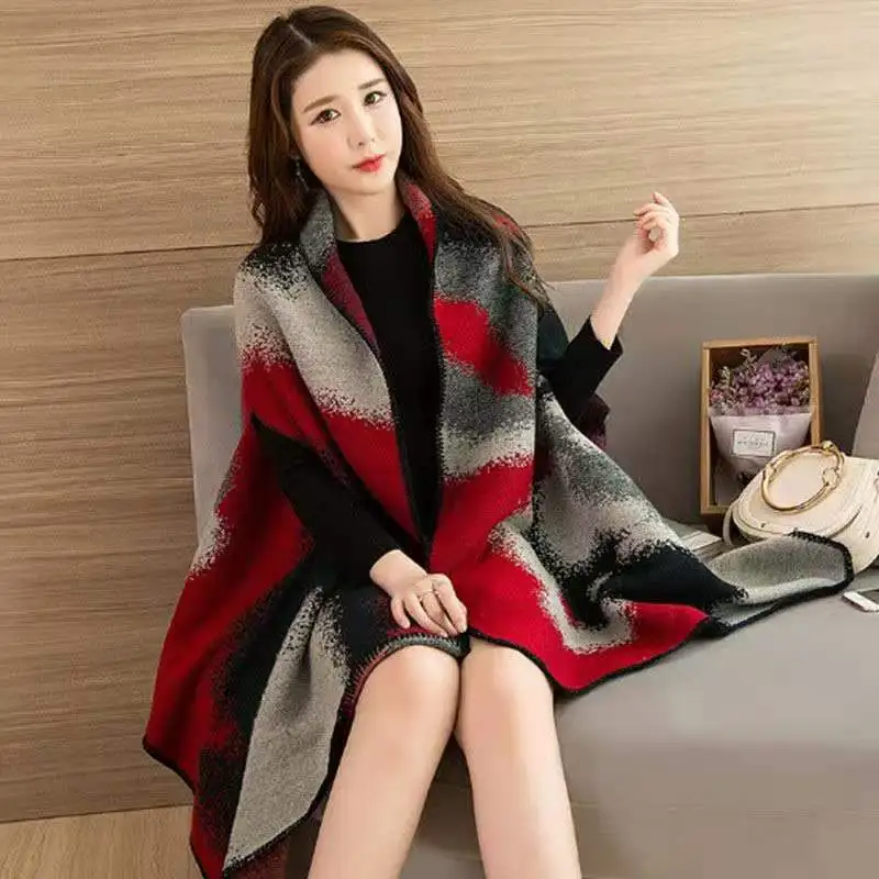 

2021 Spring New Women's Elegant Socialite Cashmere Tassel Cardigan Sweaters Batwing Sleeves Female Scarf Phoncho Cape Outwear