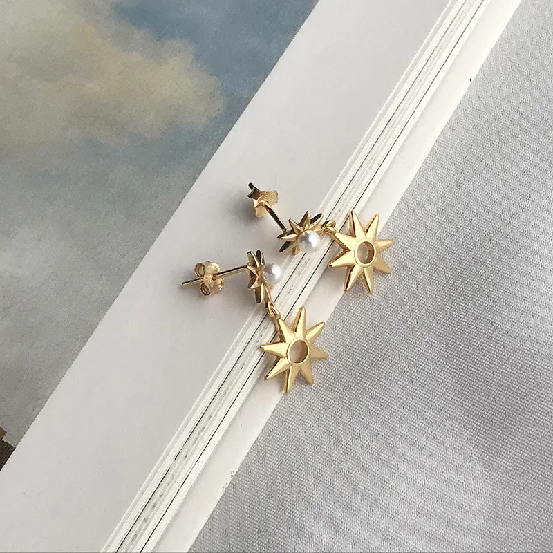RUIYI Real 925 Sterling Silver Women Cold Wind Fashion Hexameron Charm Earrings Girls Young Niche Sunflower Pearl Stud Earrings