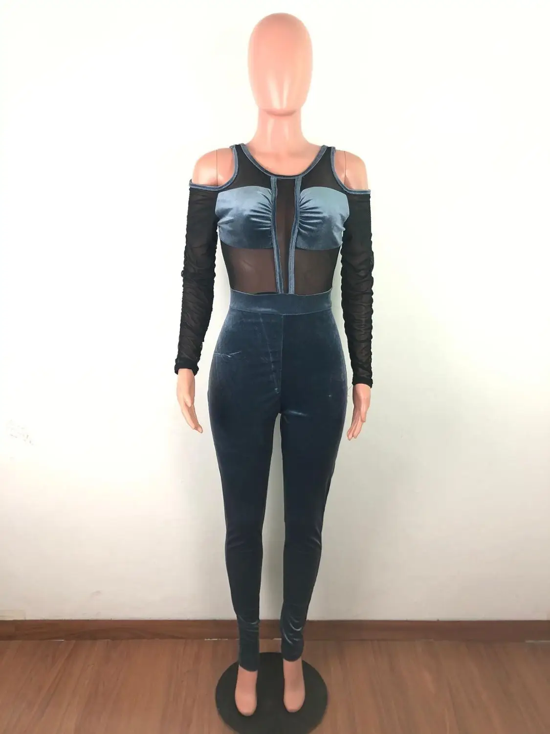 gray jumpsuit Сексуальный бархатный женский комбинезон из прозрачной сетки, элегантный комбинезон с открытыми плечами и длинным рукавом, Облегающий комбинезон для ночного клуба - Цвет: gray jumpsuit