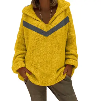 

Hot Chic Lady Patchwork Sweater Long Sleeve Hooded Loose Knitted Sweater Casual Loose Autumn Sweater
