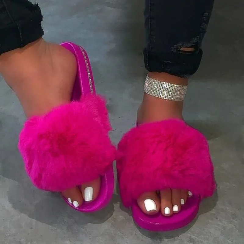 

1 Day Ship Women Furry Fur Slides Indoor Home Slippers Woman Fluffy Flip Flops Ladies Home Shoes Female Flats Shoes Chanclas