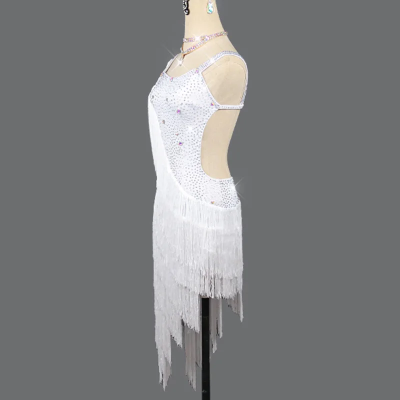 Latin Dance Dress Adult Female Shiny Rhinestone White Tassel Performance Clothing Salsa Rumba Cha Cha Samba Tango Wear