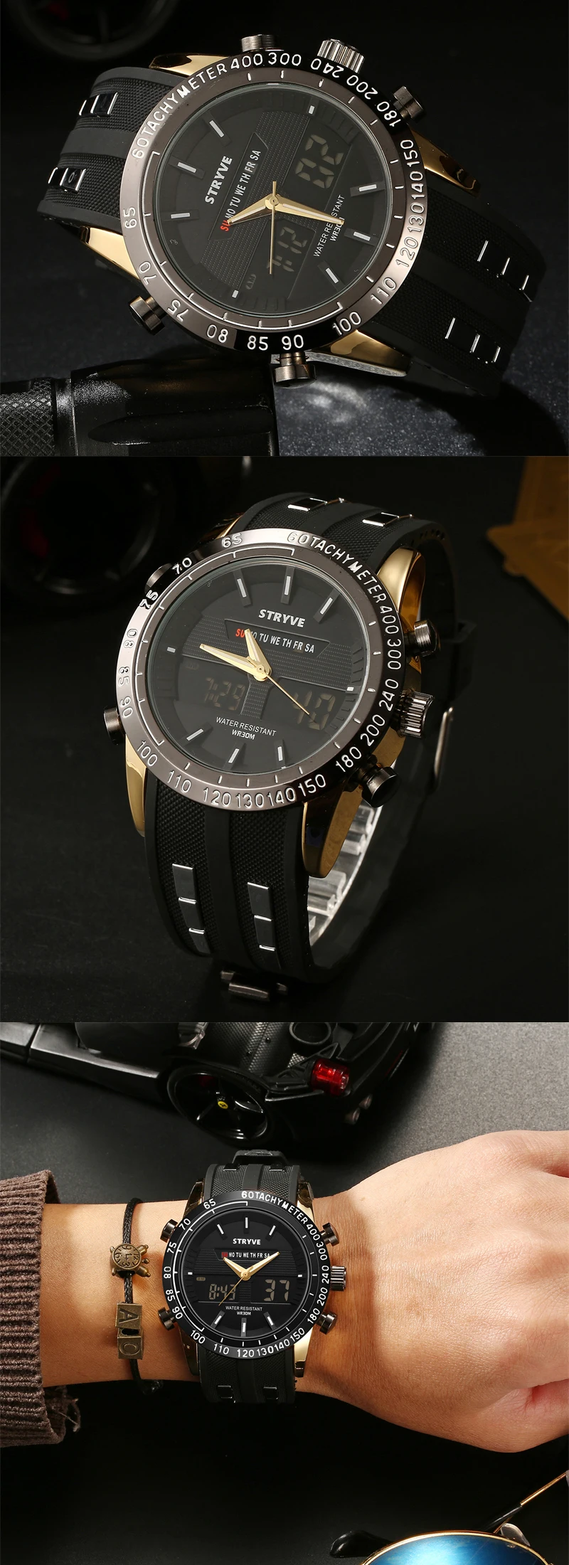 STRYVE Casual Watch Men Sport LED Digital Watch Waterproof Quartz Watches Men Luxury Brand Steel Band Relogio Masculino Clock