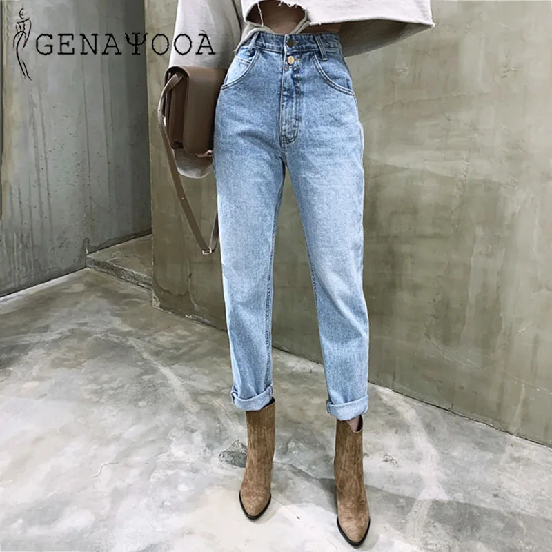 Genayooa Korean Women's Jeans Streetwear Ladies Slouchy Jeans Denim High Waist Cotton Vintage Pencil Pants 2020 Summer Mom Jeans