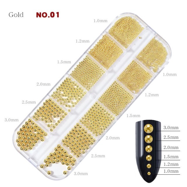 Mixed Size Small Metal Stainless Steel Ball Nail Art Rhinestones Caviar Decorations Bead Pearls Black Gold Silver Rose
