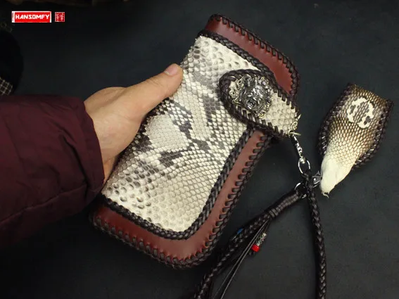 

Luxury Handmade Snake skin men's wallet / inlaid python / card holder long wallets/ male cobra head lanyard wallet