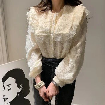 

Sailor Collar Big Ruffles Buttons Female Shirt Blouses Long Sleeve Lace Elegant Chic Women Pullover Shirts Ladies Tops Blusas
