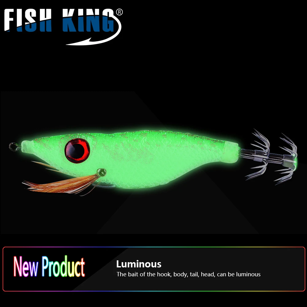 

FISH KING 5 Colors 1pc Fishing Lure 10cm 8g Big Eyes Light Wood Luminous Shrimp Squid Lure Jigging Lures Squid Jigs Hook Baits