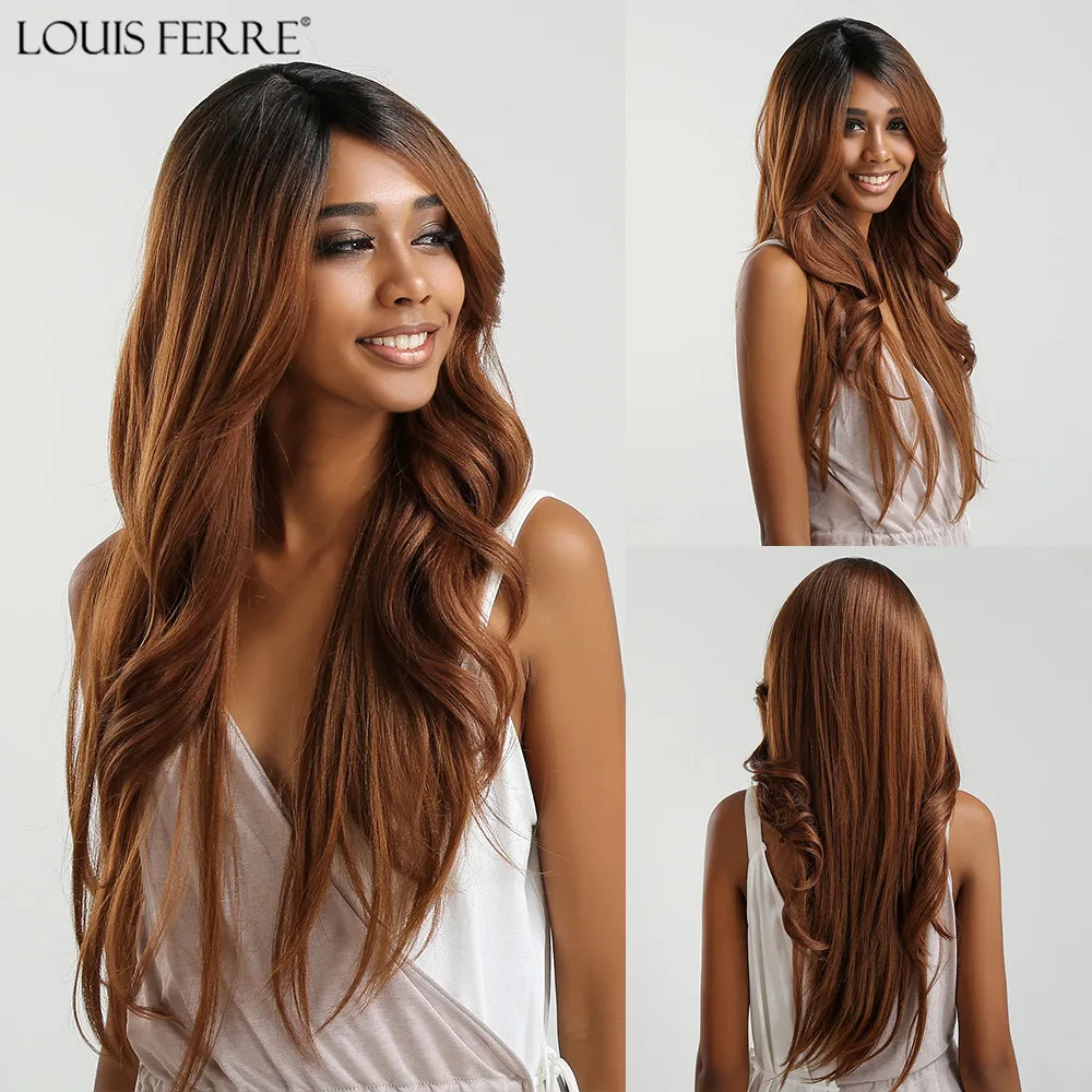 

LOUIS FERRE Ombre Black Brown Wig Long Wave Synthetic Wig for Women Heat Resistant Fiber Natural Daily Wigs Cosplay Costume Wigs
