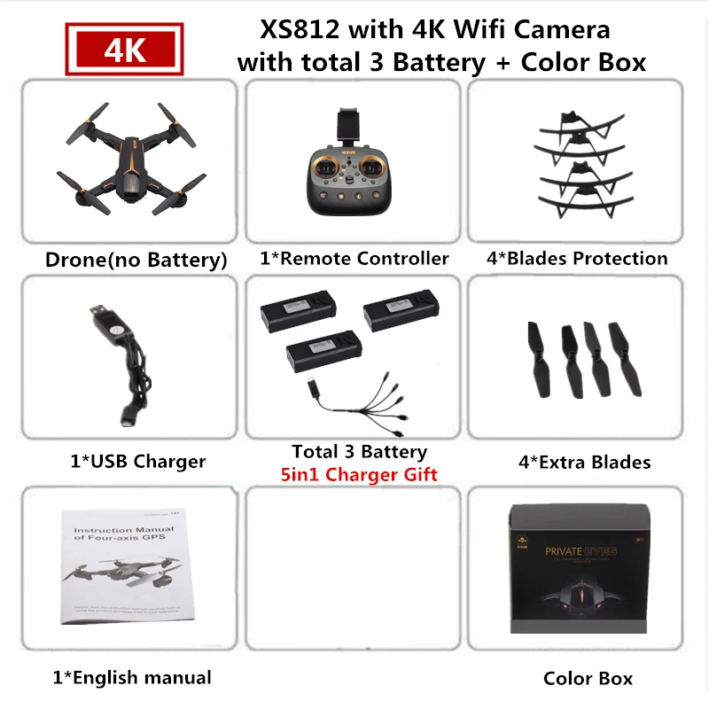 Квадрокоптер VISUO XS812 Радиоуправляемый Дрон gps Дроны с 4K HD широкоугольной камерой вертолет удержание высоты складной Квадрокоптер игрушка - Цвет: 3 Color Box 4K
