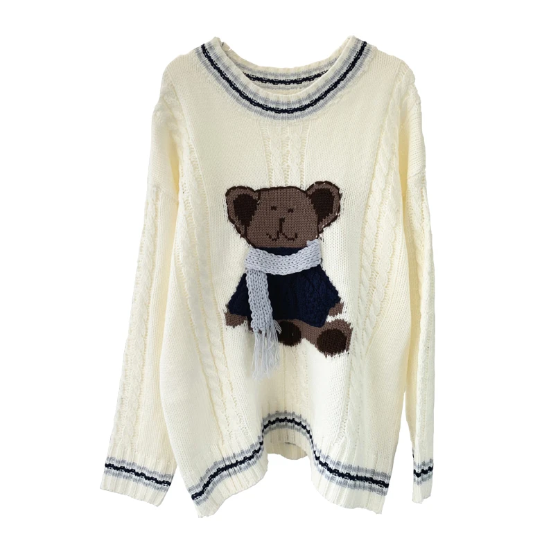 Женский осенне-зимний свитер с круглым воротником, вязаный пуловер с длинным рукавом, милый белый джемпер в школьном стиле - Цвет: beige white