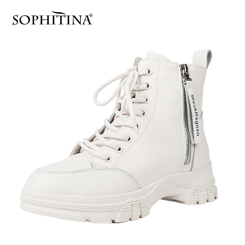 SOPHITINA Women's Shoes Leisure Sport Genuine Leather White Ankle Boots Round Toe Zipper Lace-Up Comfortable Women Boots WZ02