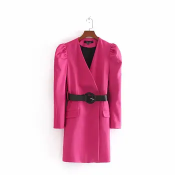

Women Office Wear Mini Dress V Neck Belt Design Long Puff Sleeve Female Casual Straight Dresses Chic Vestidos Mujer