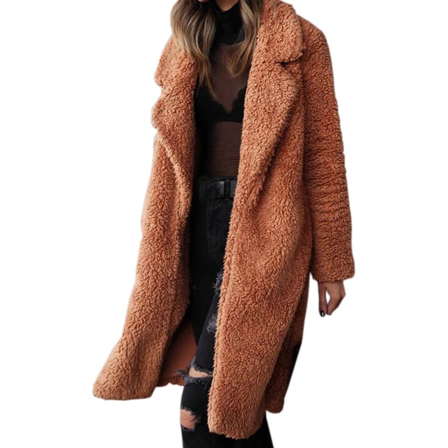 

Warm Women Wool Blends Office Lady Long Coats Fleece Jackets Winter Teddy Coat Cardigan Fuzzy Tops Overcoats Plus Size M0166