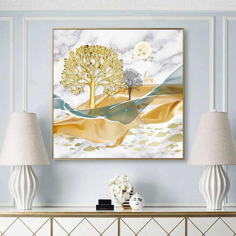 

Golden Animal Forest Landscape Canvas Painting Nordic Posters And Prints Room Decoration Wall Art Pictures For Living Room Decor
