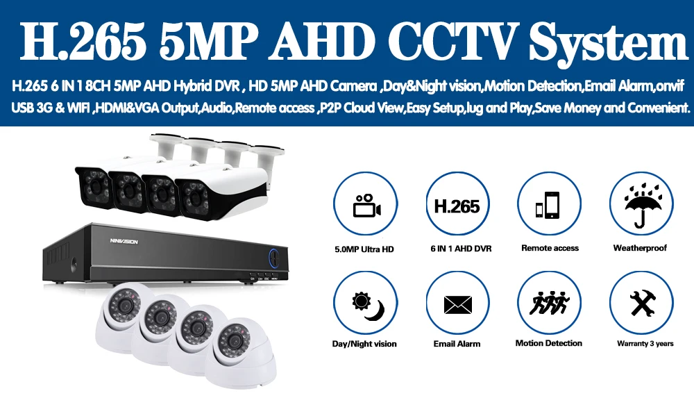 NINIVISION 8CH 5MP H.265 комплект видеонаблюдения камера комплект видеонаблюдения 5MP камера AHD система безопасности наружная AHD