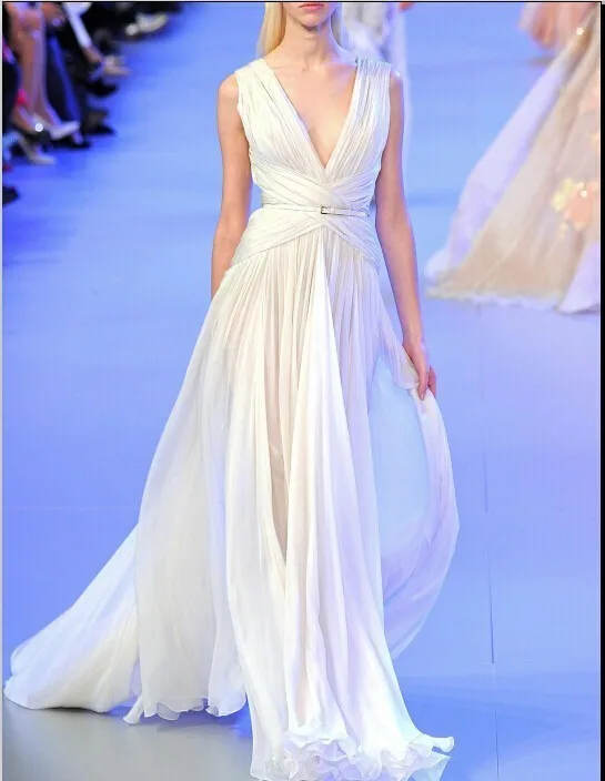 

Hot Elegant Sexy V-Neck Sleeveless Pleats White Chiffon Long Cheap vestido de noiva para festa bridal gown bridesmaid dresses