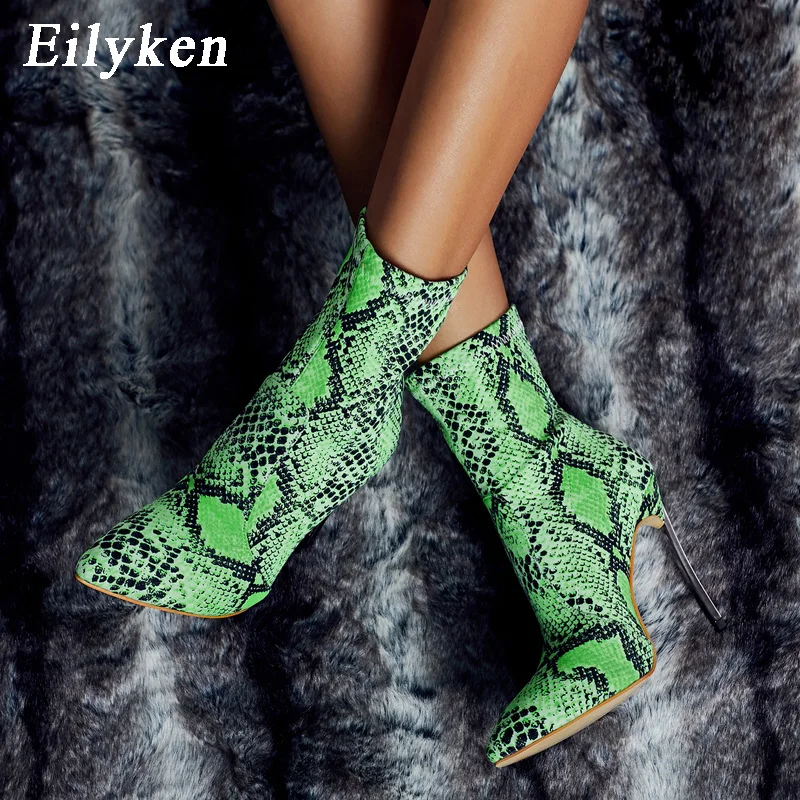 Eilyken/; пикантные сапоги-носки со змеиным принтом; женские ботильоны из эластичной ткани с острым носком на высоком каблуке; женские полусапожки; Цвет Зеленый