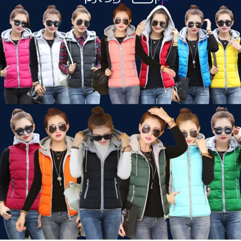 Женский жилет со съемной шляпой тонкий осенне зимний утепленный стоячим