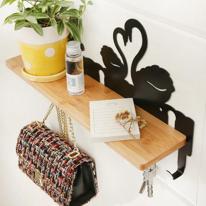 

Key Storage Wall Racker Creative Adhesive Shelf Wall Mounting Rack Bamboo Iron Wall Shelf 6/8 Row Hook Wall Porch Swan Coat Hook
