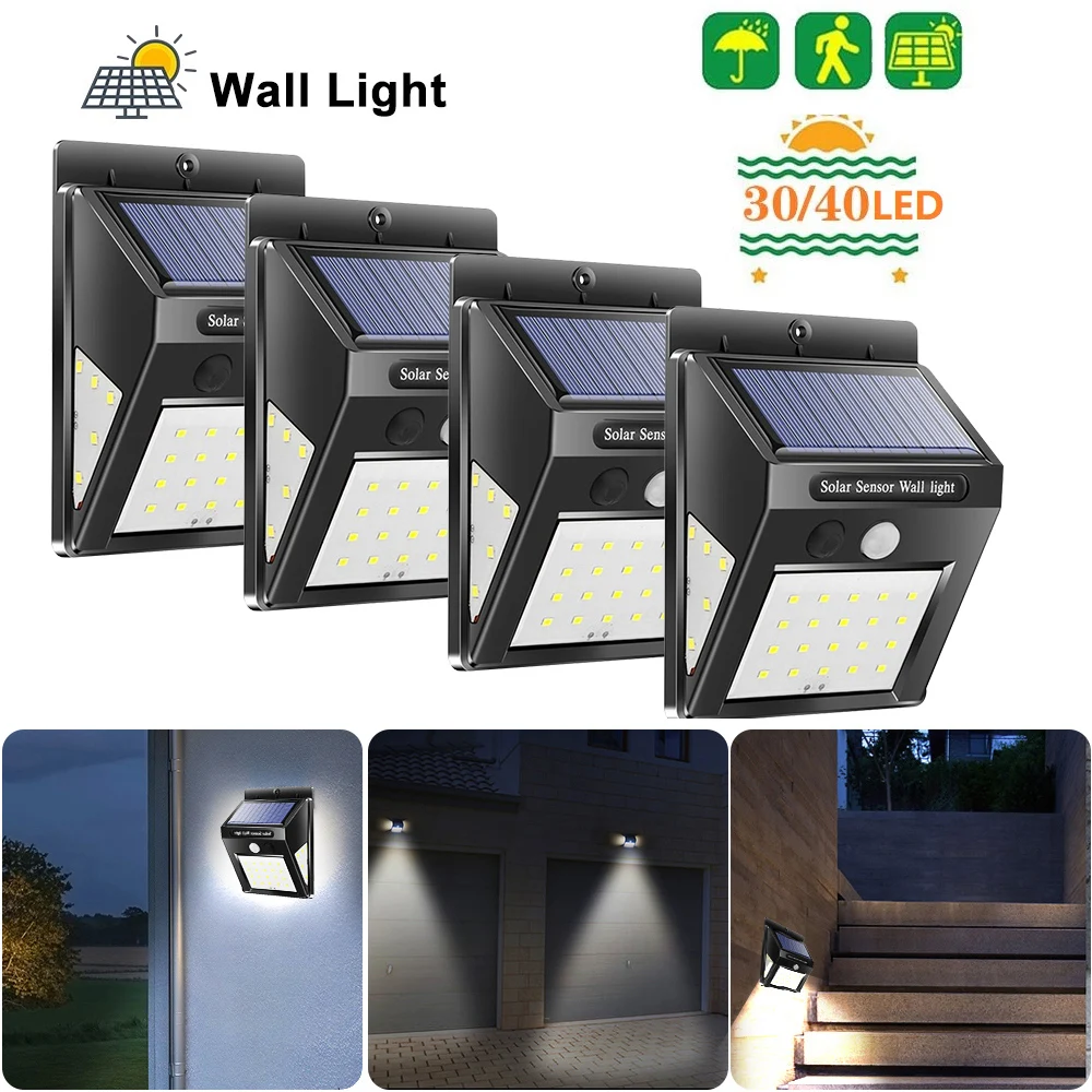 

30/40 LED Solar Power Wall Light PIR Motion Sensor Garden Light Outdoor Waterproof Energy Saving Security Lamps 1/2/4PCs