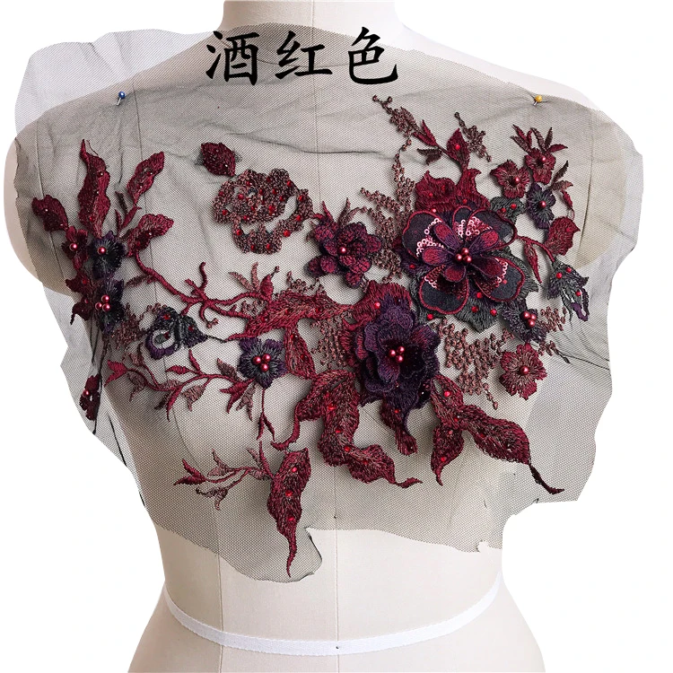 Blue Red Flower Embroidered Mesh Wedding Appliques Lace Fabric Trims Sew On Beaded Patches For Evening Dress Clothing DIY | Дом и сад