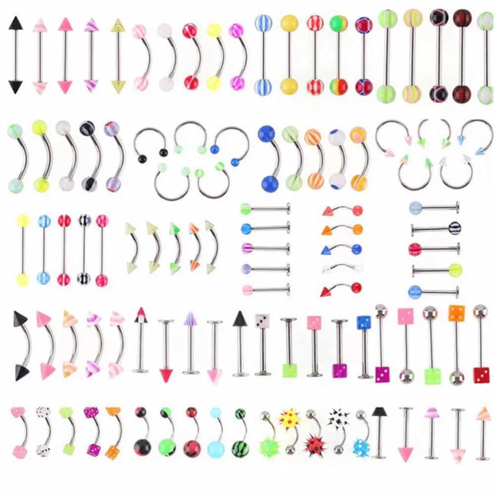 105Pcs/1 Lot Women Fashion Body Jewelry Bar Ring Lip Tongue Nose Piercing Eyebrow Navel Belly Body Jewelry