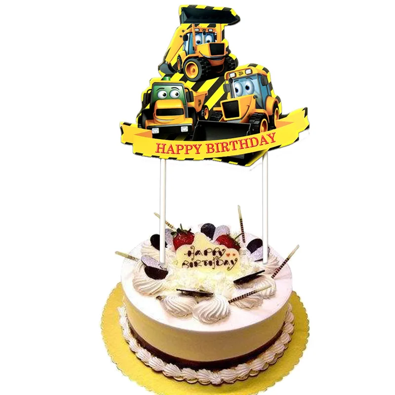 big cake topper 1 Строительные грузовики на день рождения одноразовые столовые приборы набор тарелок соломенные буквы Трактор Автомобиль Баннер Дети Мальчики вечерние принадлежности - Цвет: big cake topper 1