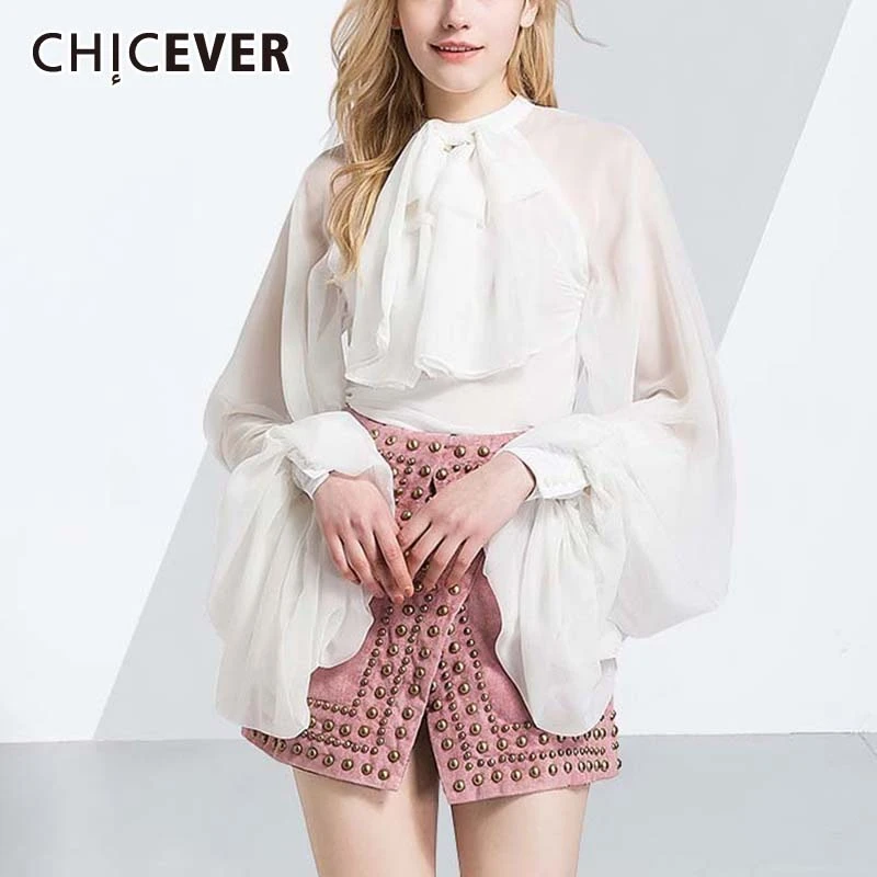 Женская шифоновая рубашка CHICEVER летняя блузка с бантом и рукавом-фонариком