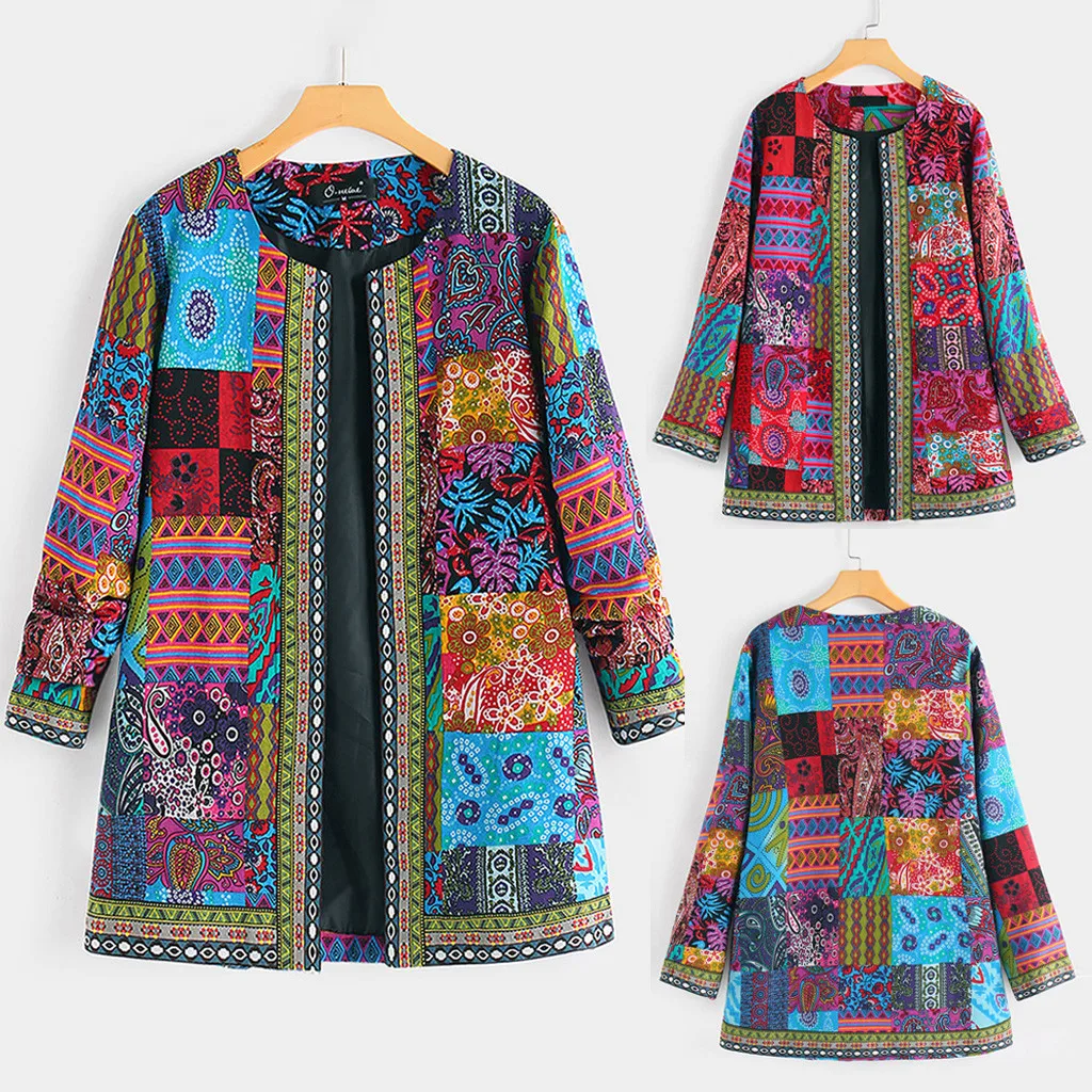 Женское пальто в этническом стиле, винтажная куртка с цветочным принтом размера плюс, пальто-Кардиган с длинным рукавом, цветная Новая женская куртка, повседневное пальто