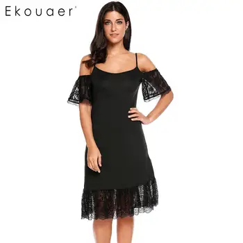 

Ekouaer Lace Dresses Women Casual Cold Shoulder Short Sleeve Lace Patchwork Casual/Party Pleated Hollow Out Loose Elastic Dress