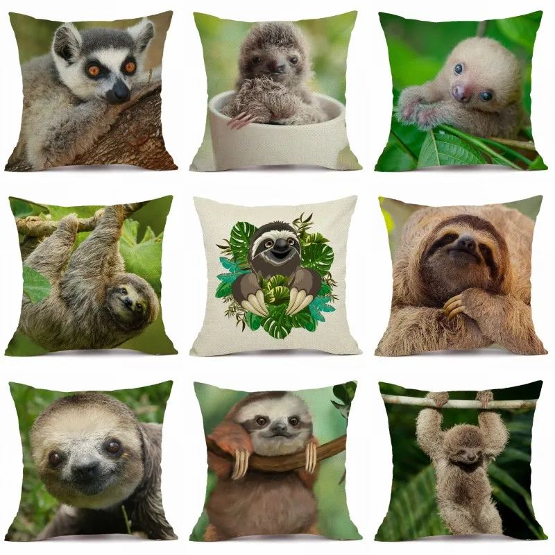 

XUNYU Cute Sloth Pattern Linen Pillow Case Home Sofa Square Pillow Cover Animal Cushion Cover 45X45cm BT050