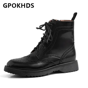 

GPOKHDS 2021 women Ankle boots Cow leather Winter short plush Round Toe Cutouts zipper Lace-Up Med heels female boots size 40
