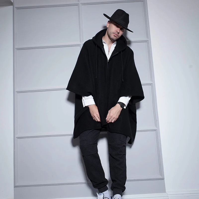 

Woollen coat for men autumn/winter outfit British men's overcoat loose hooded cape bat woollen coat thick coat fashionable