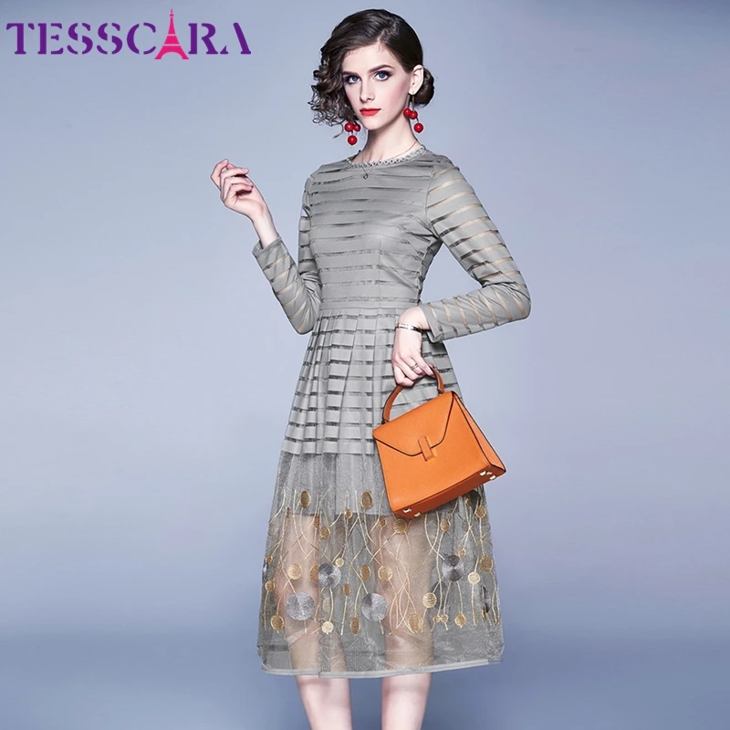 Женское Сетчатое платье с вышивкой TESSCARA элегантное дизайнерское офисное