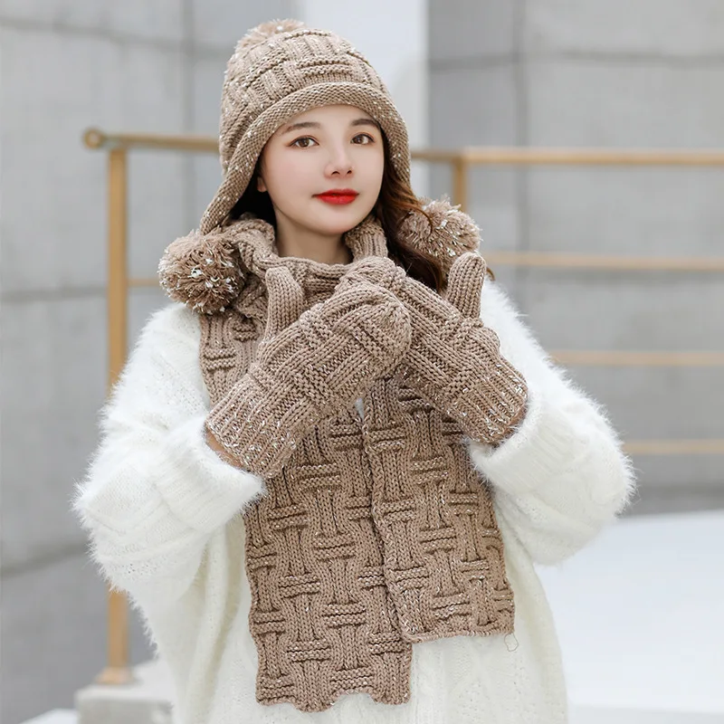 Hat scarf gloves5 Зимняя вязаная шерстяная шапка, Женская шерстяная шапка с помпоном, утолщенная шапка, костюм с нагрудником, теплая шапка с защитой ушей, три зимние шапки для женщин, Skullies - Цвет: Hat scarf gloves5