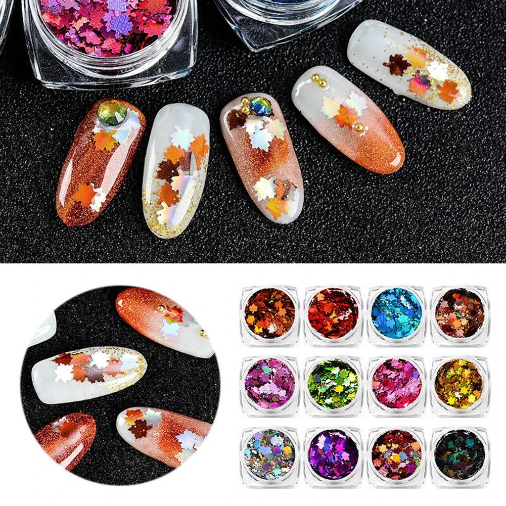 12 Colors/Set DIY Shiny Sticker Art Tips Flakes Charm Nail Glitter Sequins Thin Easy Apply Decorations Mini Maple Leaf