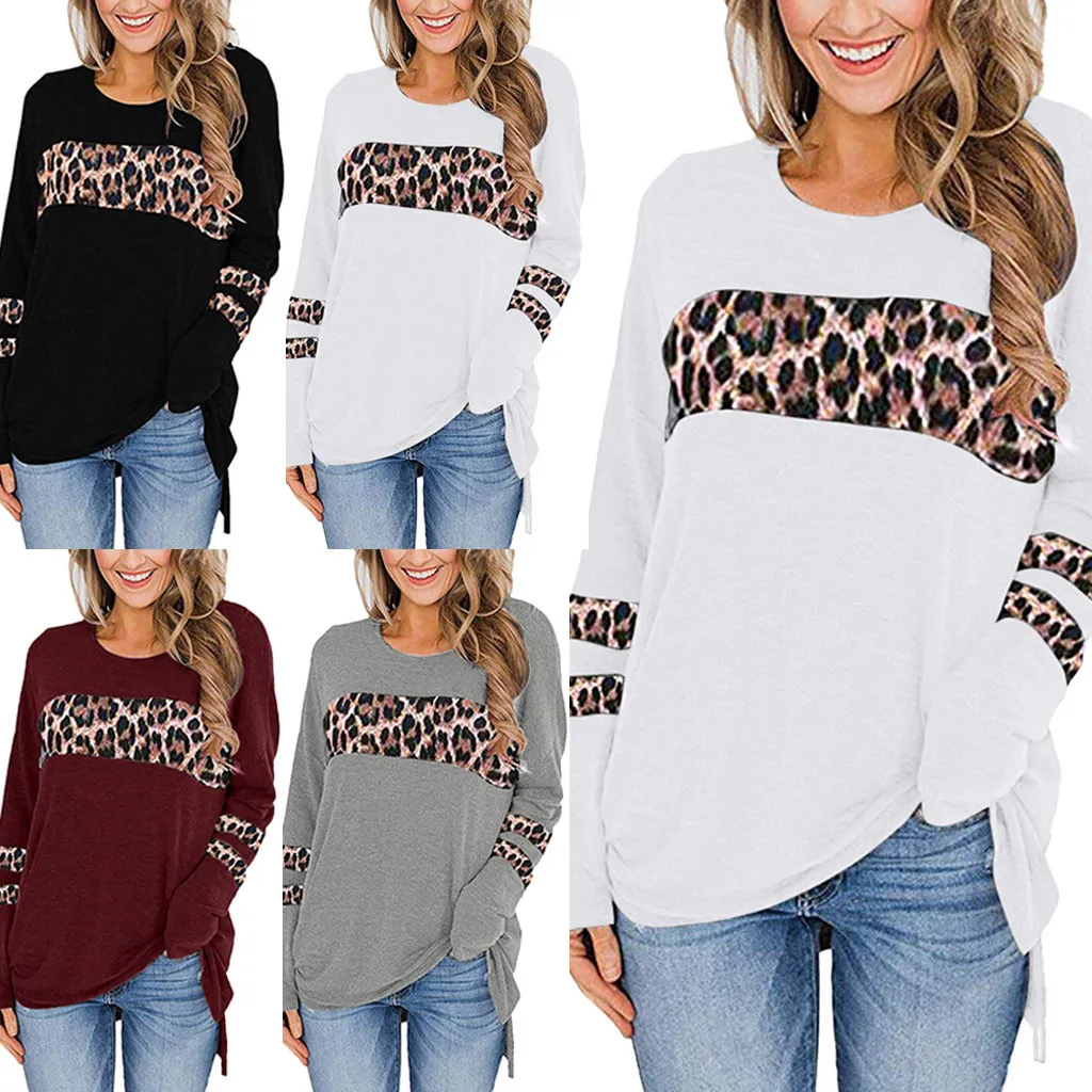 Женская футболка с длинными рукавами круглым вырезом леопардовым принтом