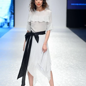 

Runway Retro Print Dot Ruffled Short Sleeve Belt Elegant Temperament Slim Irregular Mid-Length Dress Women'S Wear High Quality