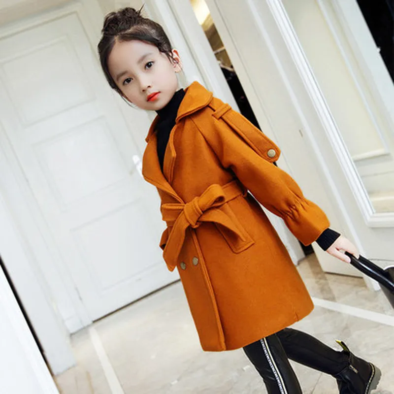 

2018 Autumn Winter Girls Woolen Coat Pink Red Flores Design Petal Sleeves Long Jacket for Kids Age 8 10 12T Yrs Old windbreaker