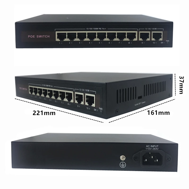 48V Ethernet коммутатор POE switch, 8(100 Мбит/с)+ 2(1000 Мбит/с) Порты и разъёмы IEEE 802,3 af/at подходит для IP камера/Беспроводной камера AP системы