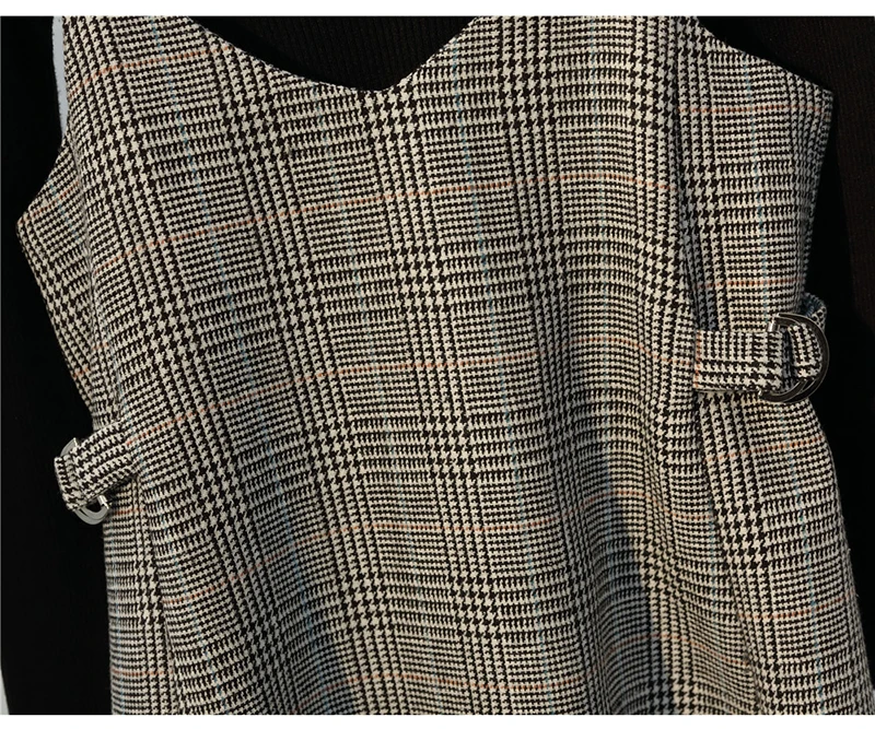 Trytree, осенне-зимний комплект из двух предметов, Повседневный свитер с высоким воротом, вязаный Топ+ платье на бретельках, клетчатый комплект трапециевидной формы, комплект из 2 предметов