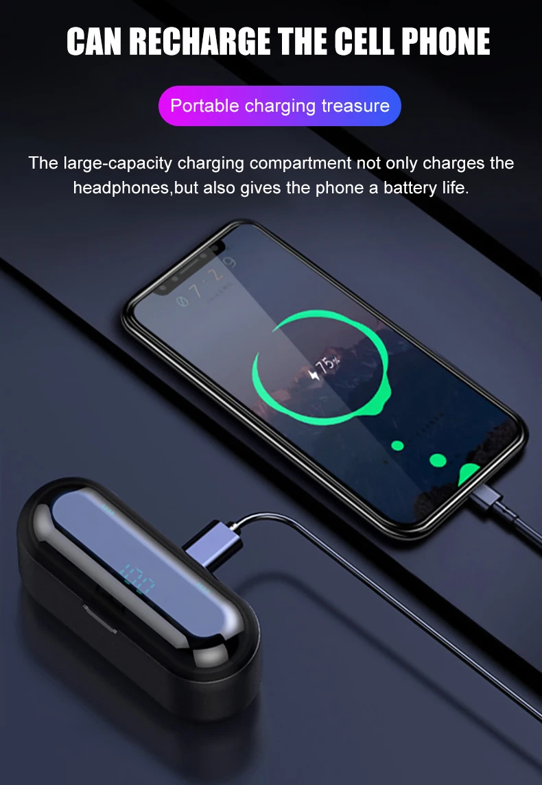 Беспроводные наушники Bluetooth 5,0 F9 TWS, беспроводные Bluetooth наушники, светодиодный дисплей, 2000 мАч, внешний аккумулятор, гарнитура с микрофоном