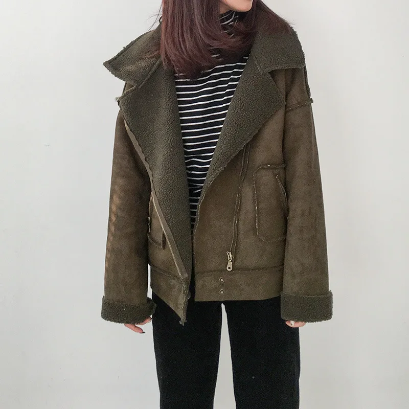 

Korean-style Short Fur Fold-down Collar Motorcycle Jacket Autumn And Winter New Style Thick Loose-Fit Long Sleeve Cotton-padded